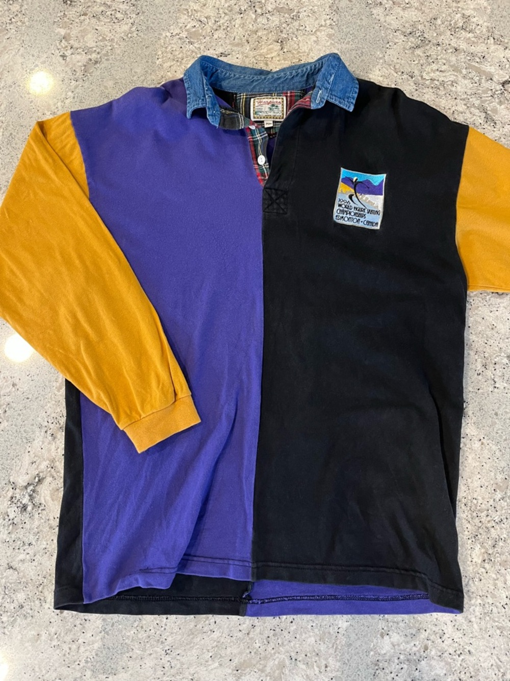 Men's Colorblock Long-Sleeve Rugby Shirt - Black, Purple & Mustard